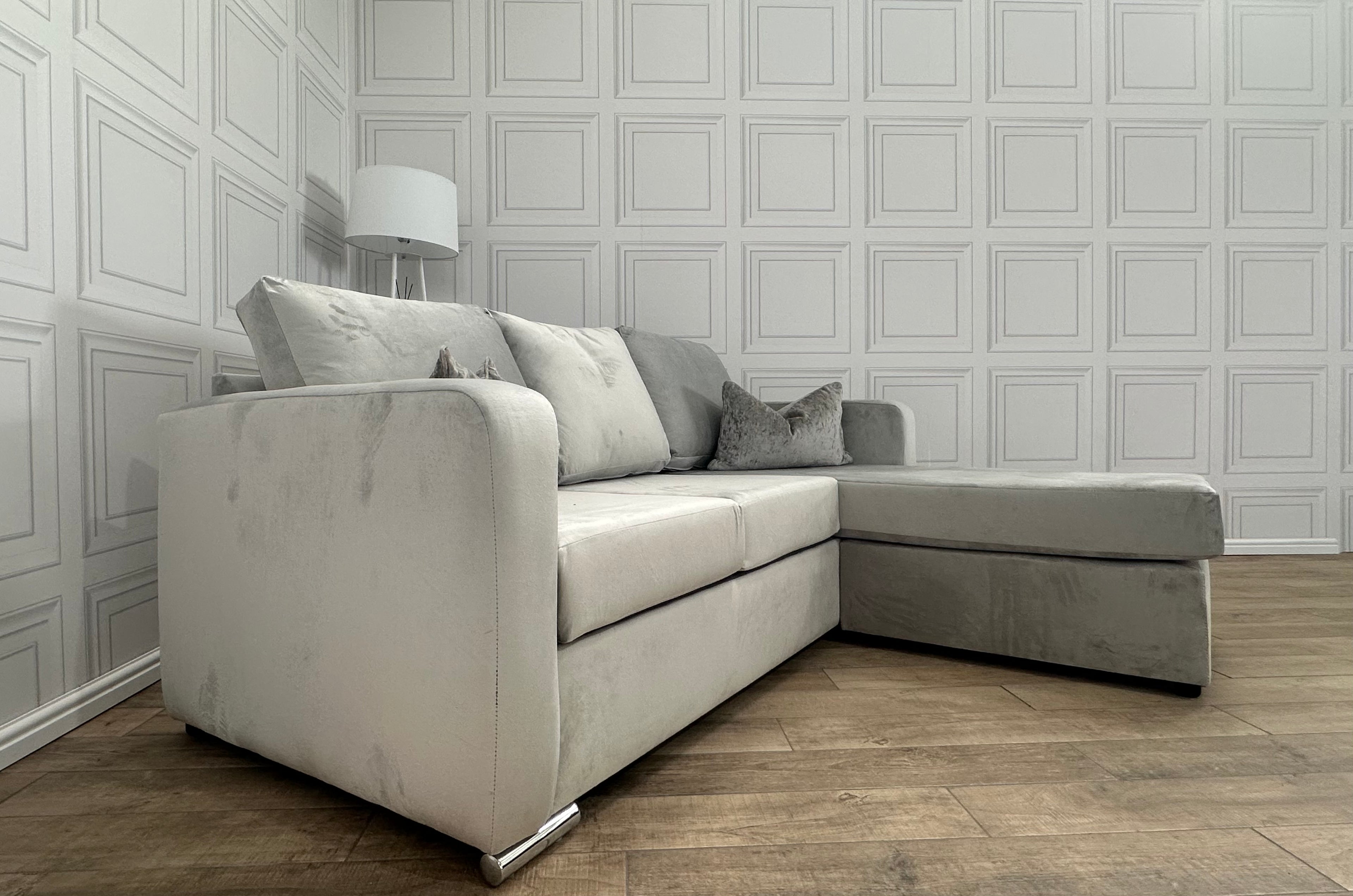 Brand New Ivory French Velvet Corner Sofa With Left & Right Sided Chaise - Same Day Delivery