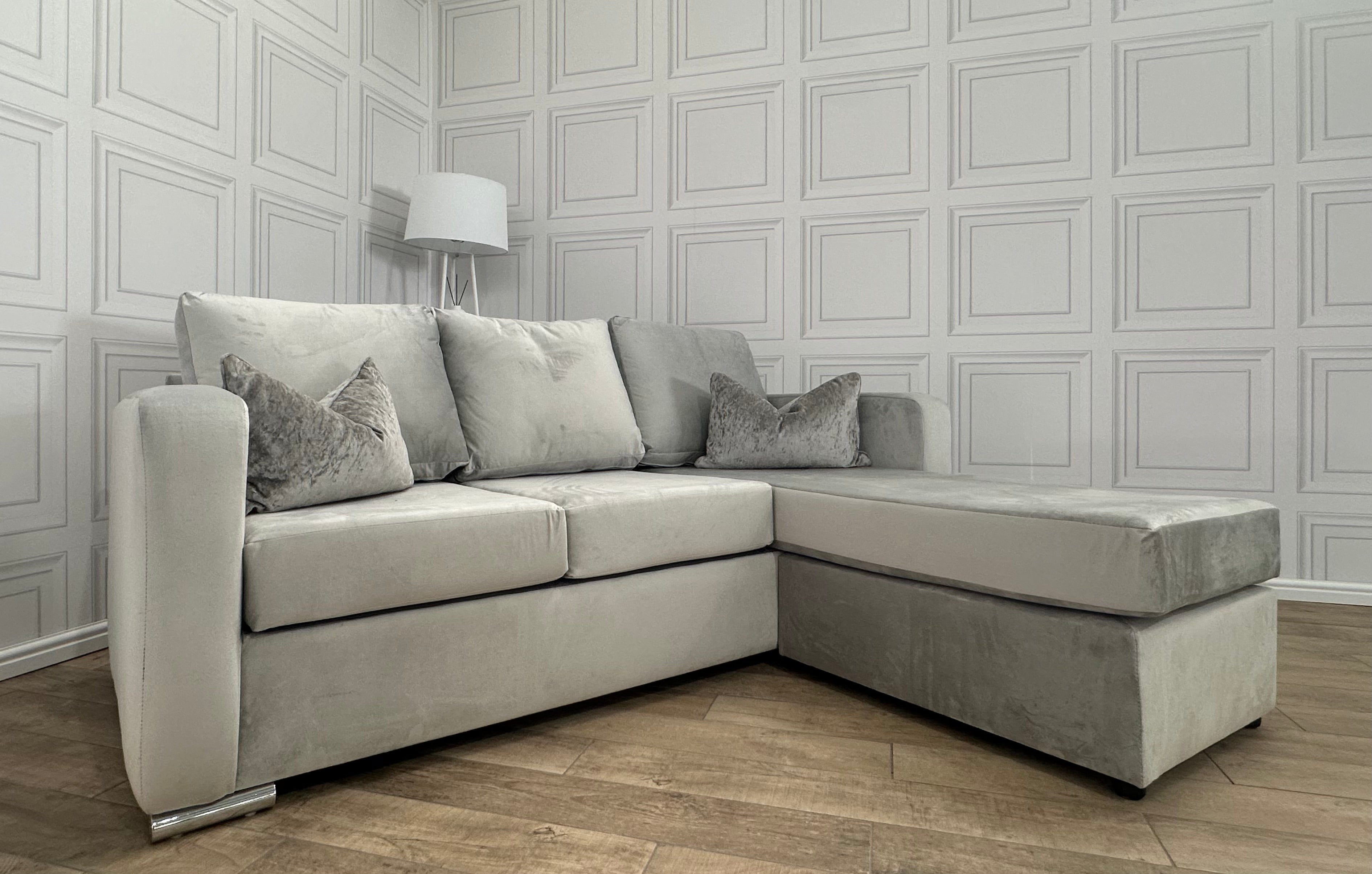 Brand New Ivory French Velvet Corner Sofa With Left & Right Sided Chaise - Same Day Delivery